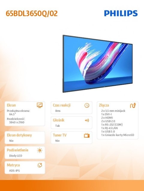 Philips Monitor wielkoformatowy 65BDL3650Q/02 65 cali Public Display