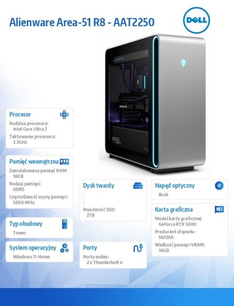 Dell Komputer Alienware Area-51 R8 - AAT2250 Win11 Home/ Core Ultra 7 265K/16GB/2TB/ NVIDIA GeForce RTX 5080/ 2Y AlienwareEliteCare