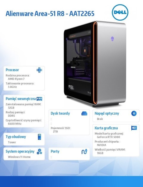 Dell Komputer Alienware Area-51 R8 - AAT2265 Win11 Home/AMD Ryzen 7 9700X/32GB/2TB/NVIDIA GeForce RTX 5080/2Y AlienwareEliteCare