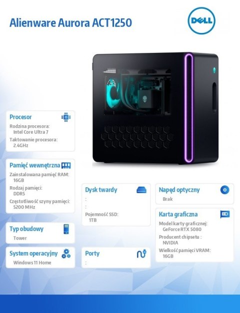 Dell Komputer Alienware Aurora R17 - ACT1250 Win11 Home/ Core Ultra 7 265F/16GB/1TB/ NVIDIA GeForce RTX 5080/ 2Y AlienwareEliteCare