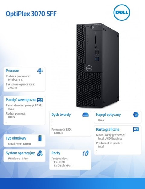 Dell Komputer poleasingowy Optiplex 3070 SFF Core i5-9400 (9-gen.) 2,9 GHz / 16GB / 480GB SSD NVME / Win 11 Prof.