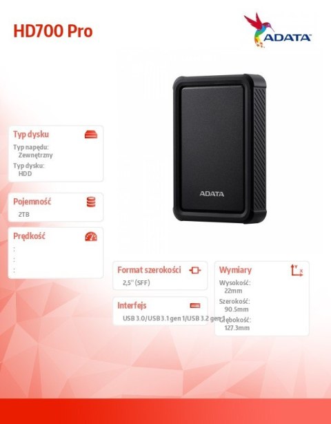 Adata Dysk twardy Durable HD700 Pro 2TB USB3.2 czarny