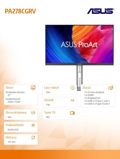 Asus Monitor 27 cali PA278CGRV BK 2DP, HDMI, USB HUB, USB, głośniki
