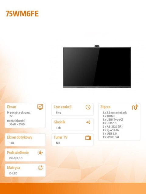 Hisense Monitor interaktywny 75WM6FE 75 cali 4K GoBoard Live Pro Advanced Interactive Display