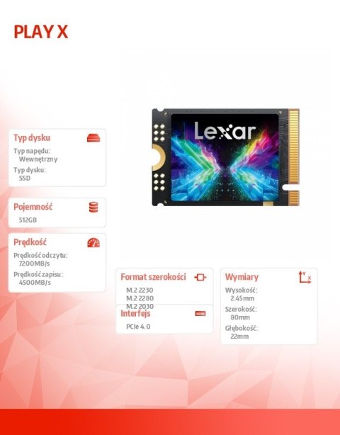 Lexar Dysk SSD PLAY X 512GB PCIe4 2230 7200/4500MB/s adapter do 2280