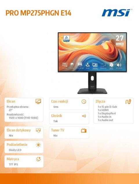 MSI Monitor PRO MP275PHGN E14 27 cali/LED/FHD/Flat/144Hz/Czarny