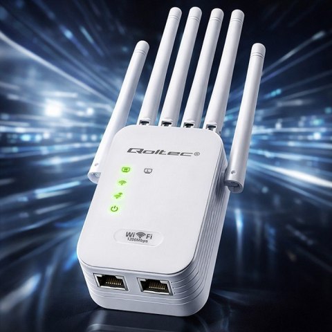 Qoltec Wzmacniacz syganłu WiFi 5 | Repeater | Access Point | AC1200 Mb/s| 6 anten | 2xRJ45 | 128MB