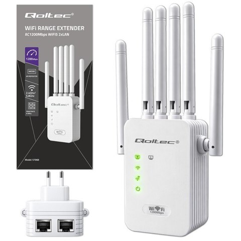 Qoltec Wzmacniacz syganłu WiFi 5 | Repeater | Access Point | AC1200 Mb/s| 6 anten | 2xRJ45 | 128MB