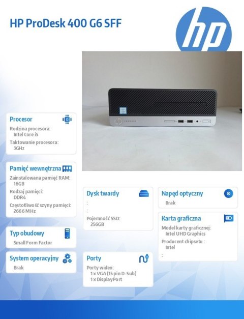 HP Inc. Komputer poleasingowy ProDesk 400 G6 SFF Core i5 9500 (9-gen.) 3,0 GHz / 16 GB / SSD 256GB NVME / Win 11 Prof.