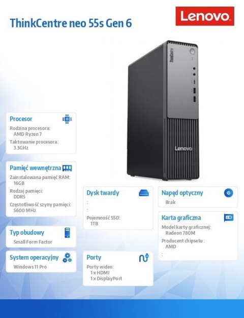 Lenovo Komputer ThinkCentre Neo 55s G6 SFF 13G0001FPB W11Pro 7 250/16GB/1TB/AMD/3YR OS