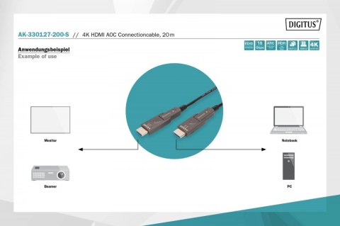 Digitus Kabel hybrydowy AOC HDMI 2.0 Premium High Speed Ethernet 4K60Hz UHD HDMI D/A HDMI D/A M/M z odłączanym wtykiem, 20m, czarny