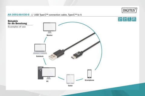 Digitus Kabel połączeniowy USB 2.0 HighSpeed Typ USB C/USB A M/M Czarny 3m