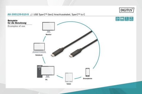 Digitus Kabel połączeniowy USB 3.1 Gen.2 SuperSpeed+ 10Gbps Typ USB C/USB C M/M, Power Delivery 1m Czarny
