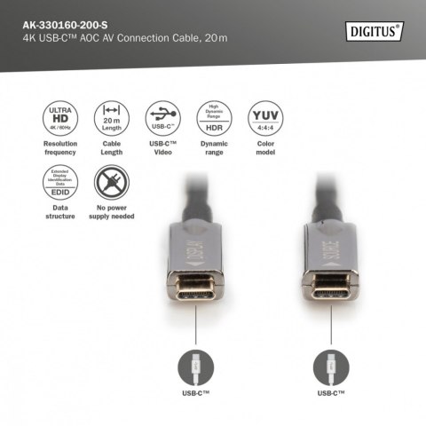 Digitus Kabel połączeniowy hybrydowy AOC USB 3.1 Typ C/USB Typ C 4K 60Hz 20m