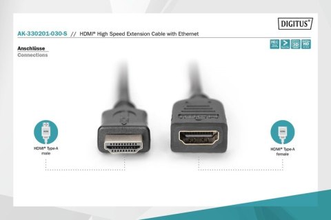 Digitus Kabel przedłużający HDMI HighSpeed z Ethernetem 4K 60Hz UHD Typ HDMI A/HDMI A M/Ż 3m czarny