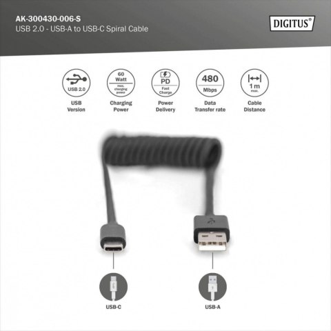 Digitus Kabel spiralny USB A/USB C, USB 2.0, PD 60W, max. 1m czarny