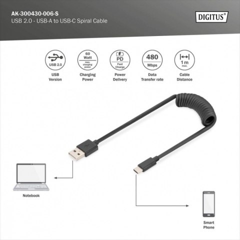 Digitus Kabel spiralny USB A/USB C, USB 2.0, PD 60W, max. 1m czarny