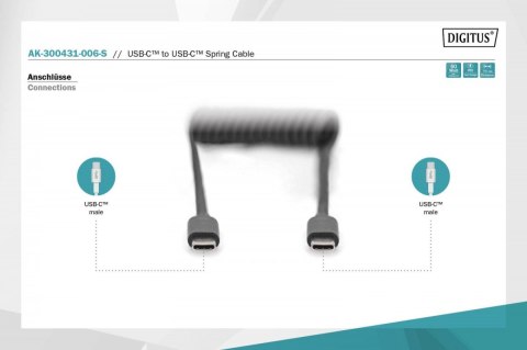 Digitus Kabel spiralny USB C/USB C, USB 2.0, PD 60W, max. 1m czarny