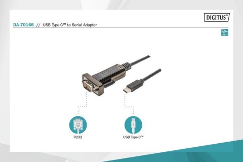 Digitus Kabel adapter USB-C 2.0 męski do RS232 (DB9) męski | chipset FTDI FT232RL | czarny | mocowanie na śruby | 1.0m