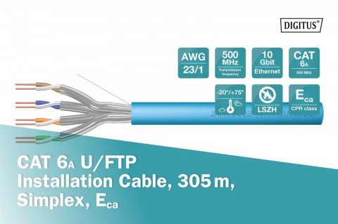 Digitus Kabel instalacyjny kat.6A, U/FTP, Eca, AWG 23/1, LSOH, 305m, karton, Niebieski
