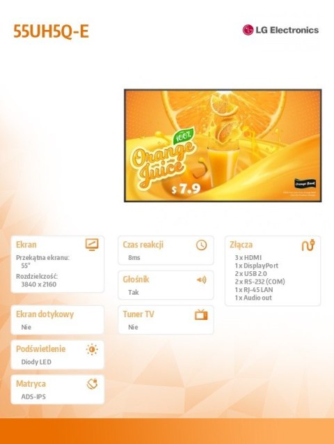 LG Electronics Monitor wielkoformatowy 55 cali 55UH5Q-E 500cd/m2 UHD 24/7