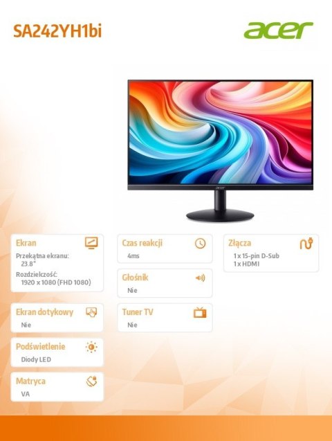 Acer Monitor 23.8 cala SA242YH1bi VA HDMI VGA 100Hz