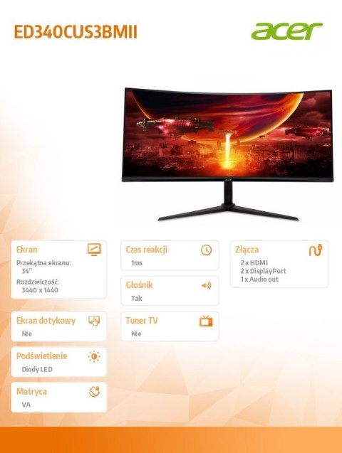Acer Monitor 34 cale ED340CUS3BMII VA 180Hz 1ms 2XHDMI DP