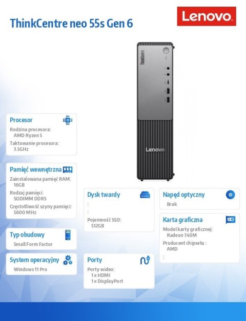 Lenovo Komputer ThinkCentre Neo 55s G6 SFF 13G0000XPB W11Pro 5 220/16GB/512GB/INT/3YRS OS