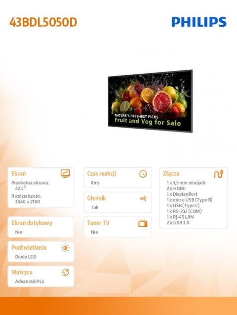 Philips Monitor wielkoformatowy 43BDL5050D 42.5 cala Public Display