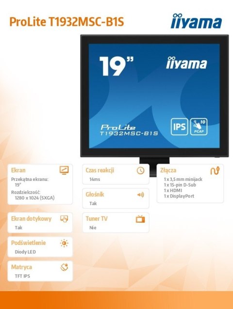 IIYAMA Monitor 19 cali ProLite T1932MSC-B1S POJ.10PKT.IP54,HDMI,DP