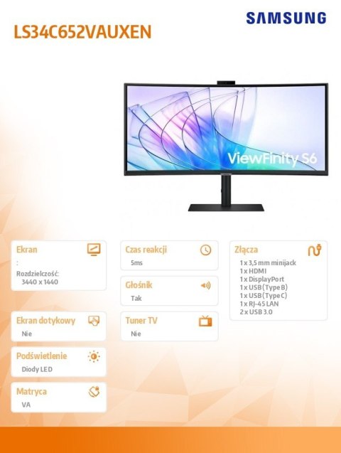 Samsung Monitor 34 cale ViewFinity S65VC VA 3440x1440 UWQHD 21:9 1xHDMI 1xDP 1xUSB-C 90W 2xUSB-A LAN 5ms HAS Webcam głośniki zakrzywiony