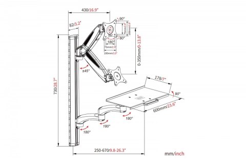 Digitus Ramię naścienne pojedyncze 1xLCD + klawiatura, max. 32" i 8kg uchylno-obrotowe 360° (PIVOT)