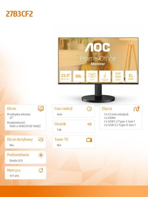 AOC Monitor 27B3CF2 27 cali IPS 100Hz HDMI USB-C HAS
