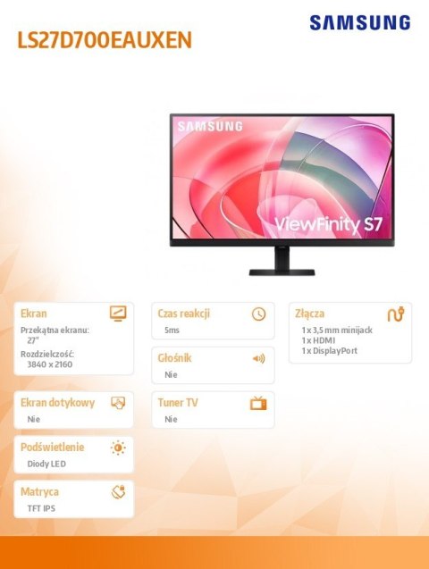 Samsung Monitor 27 cali ViewFinity S70D IPS 3840x2160 UHD 16:9 1xHDMI 1xDP 5ms PinP/PbyP 60Hz płaski 2Yd2d (LS27D700EAUXEN)