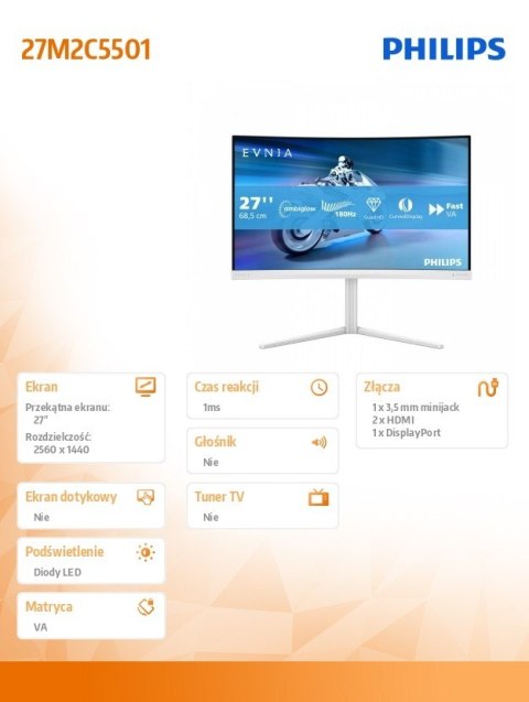 Philips Monitor 27 cali 27M2C5501 Curved VA 180Hz HDMIx2 DP HAS Ambiglow