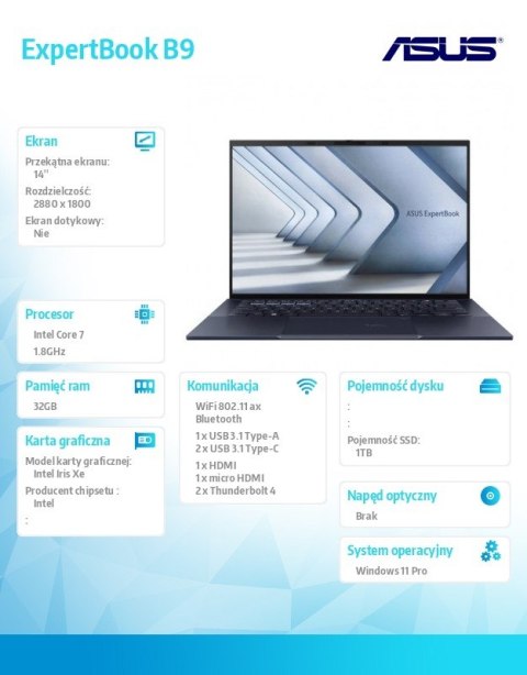 Asus Laptop ExpertBook B9 B9403CVAR-KM0682X - 7 150U/32GB/1TB/14 cali WQXGA+ OLED/Win 11 PRO/3YRS