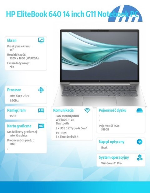 HP Inc. Laptop EliteBook 640 G11 U5-135U 14 cali 512GB/16GB/W11P A37VSET
