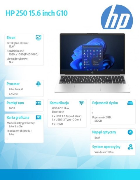 HP Inc. Laptop 250 G10 i5-1334U 512GB/16GB/W11Pro/15.6 cali AL0E7AT
