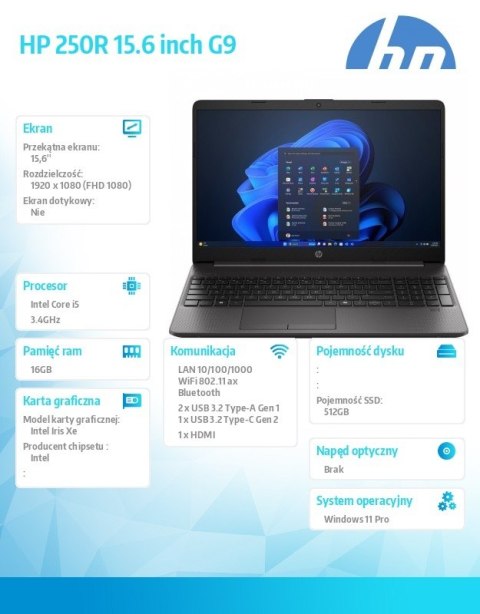 HP Inc. Laptop 250R G9 i5-1335U 512GB/16GB/W11Pro/15.6 cali AD1A6ET