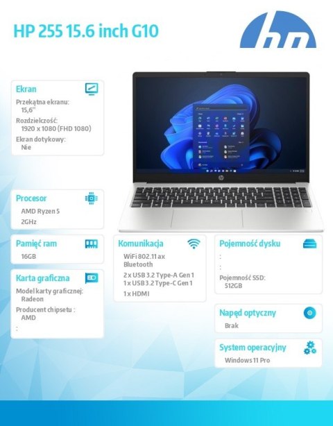 HP Inc. Laptop 255 G10 R5-7530U 512GB/16GB/W11Pro/15,6 cali AL0E8AT