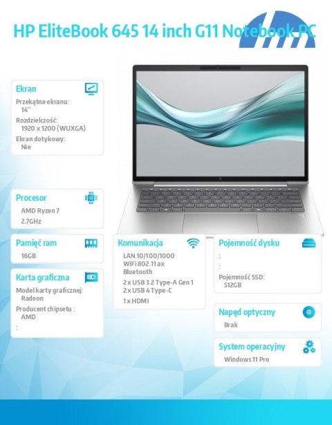 HP Inc. Laptop EliteBook 645 G11 Ryzen 7 7735U 512GB/16GB/W11Pro/14.0 A38D7ET