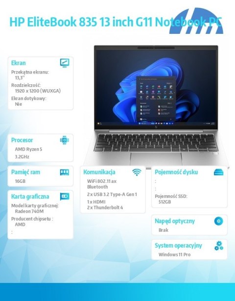 HP Inc. Laptop EliteBook 835 G11 Ryzen 5 8540U 512GB/16GB/W11Pro/13.3 9G0X8ET