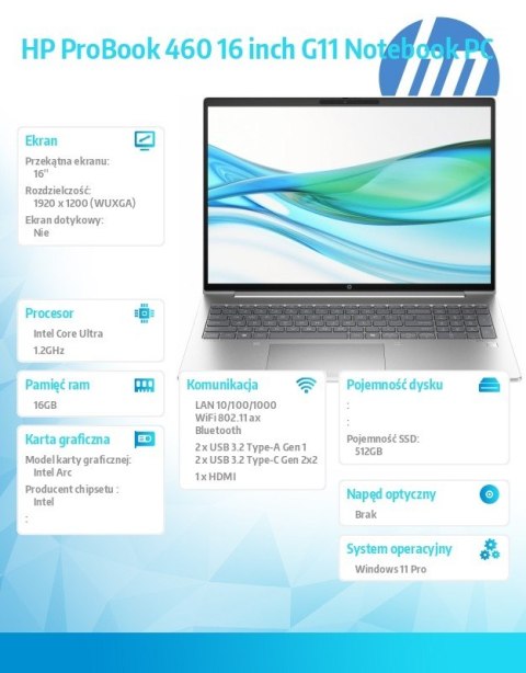 HP Inc. Laptop ProBook 460 G11 U5-125H 512GB/16GB/W11P/16 cali A38DNET