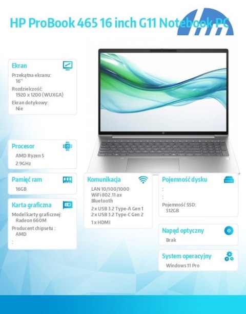 HP Inc. Laptop ProBook 465 G11 Ryzen 5 7535U 512GB/16GB/W11P/16.0 A38DTET