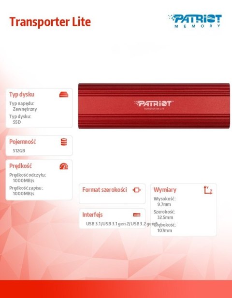 Patriot Dysk SSD 512GB Transporter Lite 1000/1000 MB/s Type-C