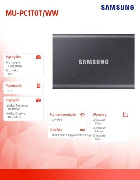 Samsung Dysk Portable T7 2TB USB3.2 GEN.2 szary