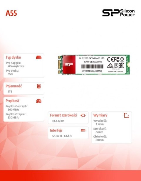 Silicon Power Dysk SSD A55 1TB M.2 560/530 MB/s