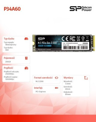 Silicon Power Dysk SSD A60 256GB M.2 PCIe 2100/1200 MB/s NVMe
