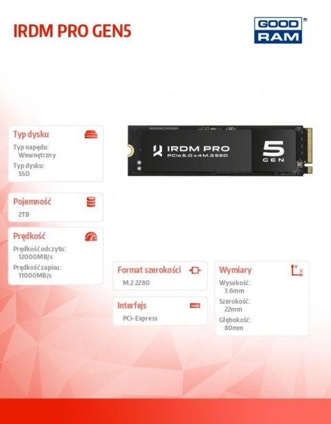 GOODRAM Dysk SSD IRDM PRO P54S Gen5 2TB 5x4 2280 12000/11000MB/s