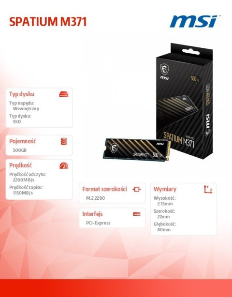 MSI Dysk SSD SPATIUM M371 500GB M.2 PCIe3 2200/1150MB/s